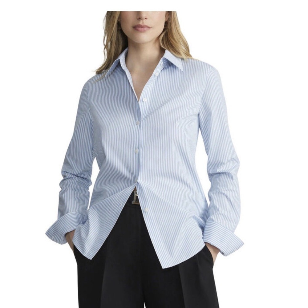 Lafayette 148 Kennedy‎ Pinstripe Cotton Slim Shirt Blue White Size 8 Cotton